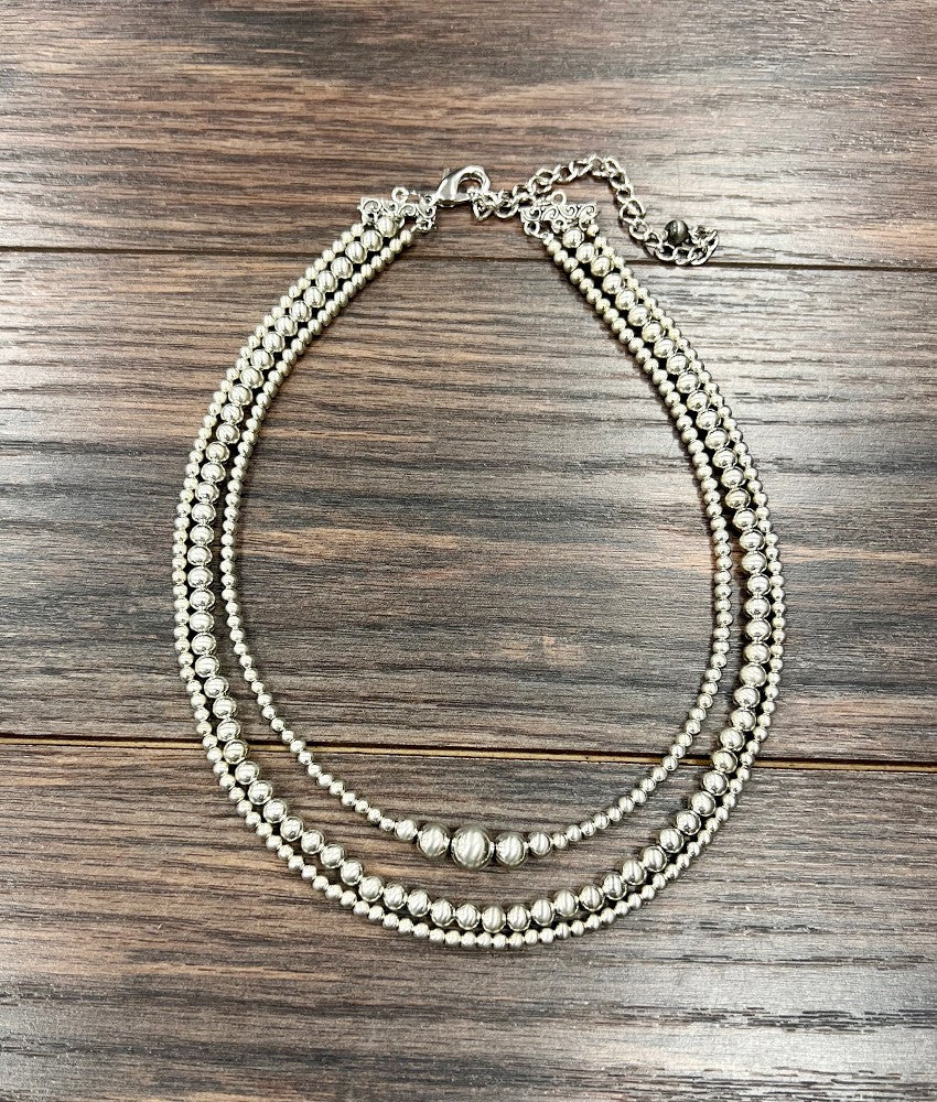 Handmade 3-strand Silver Navajo Bead Necklace
