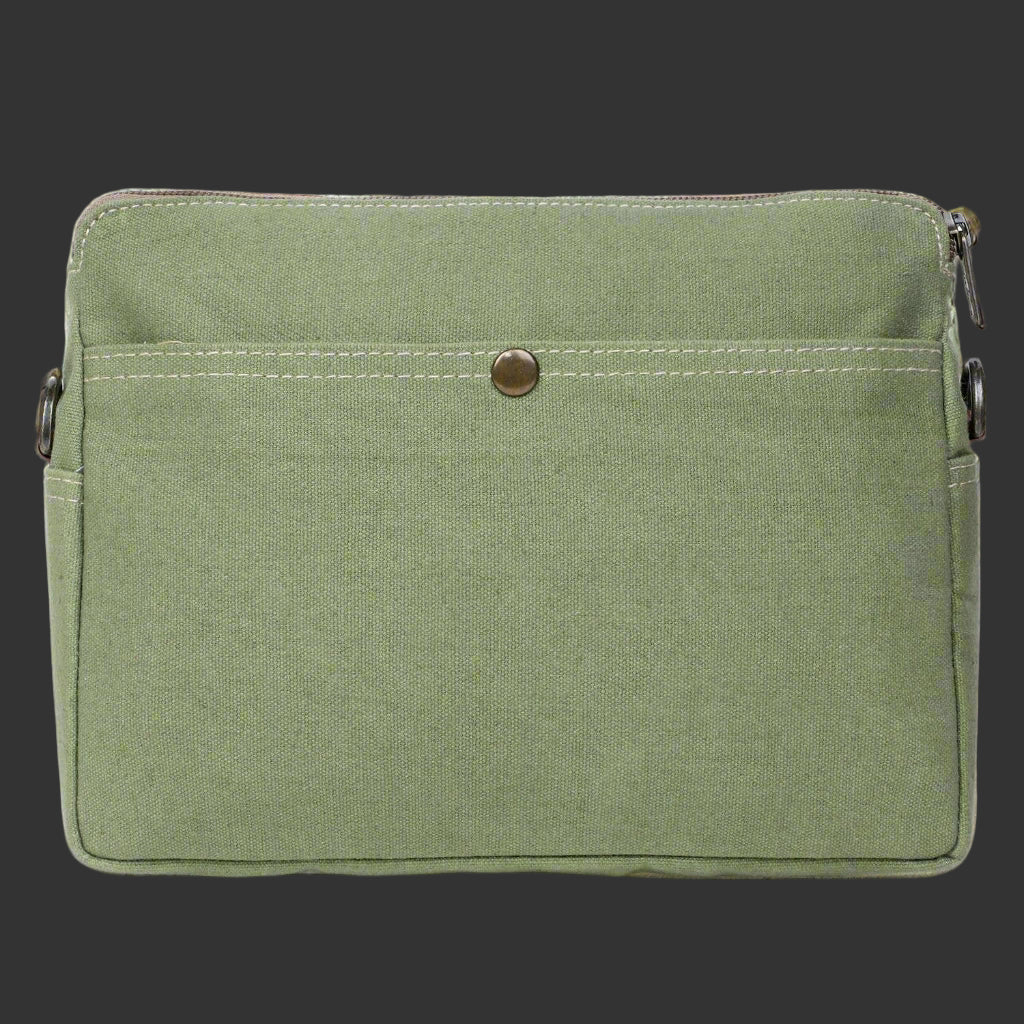 Green canvas bag with a zipper on a white background
