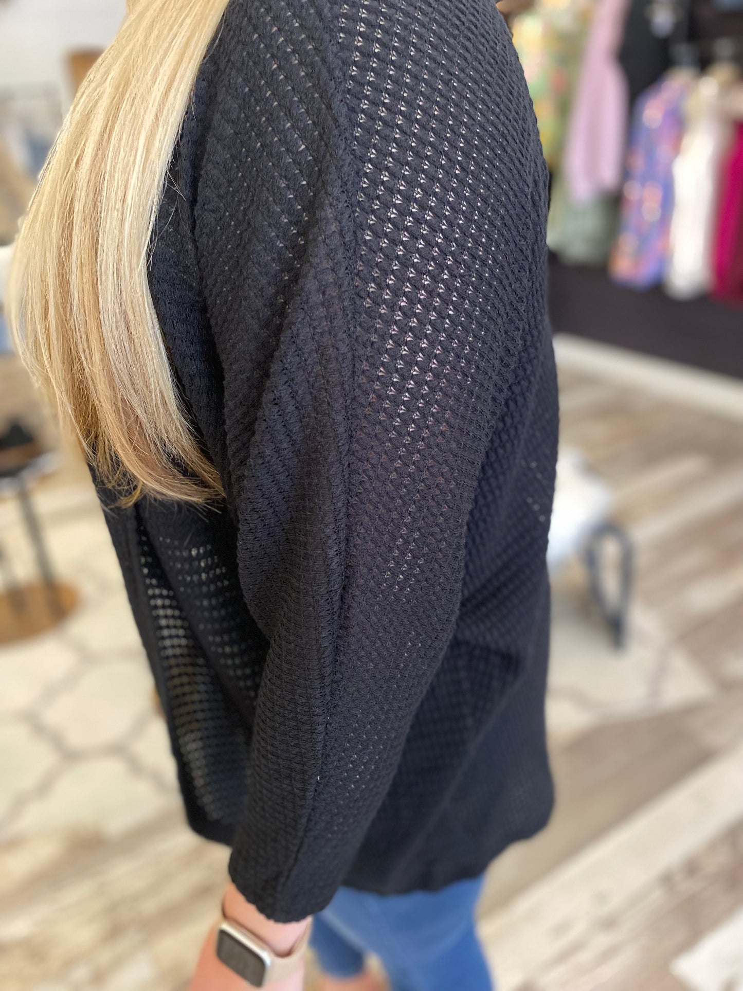 Waffle Weave Black Cardigan (Plus)