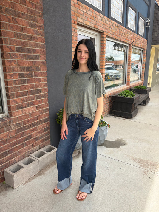 Risen Mid Rise Wide Cuffed Jeans